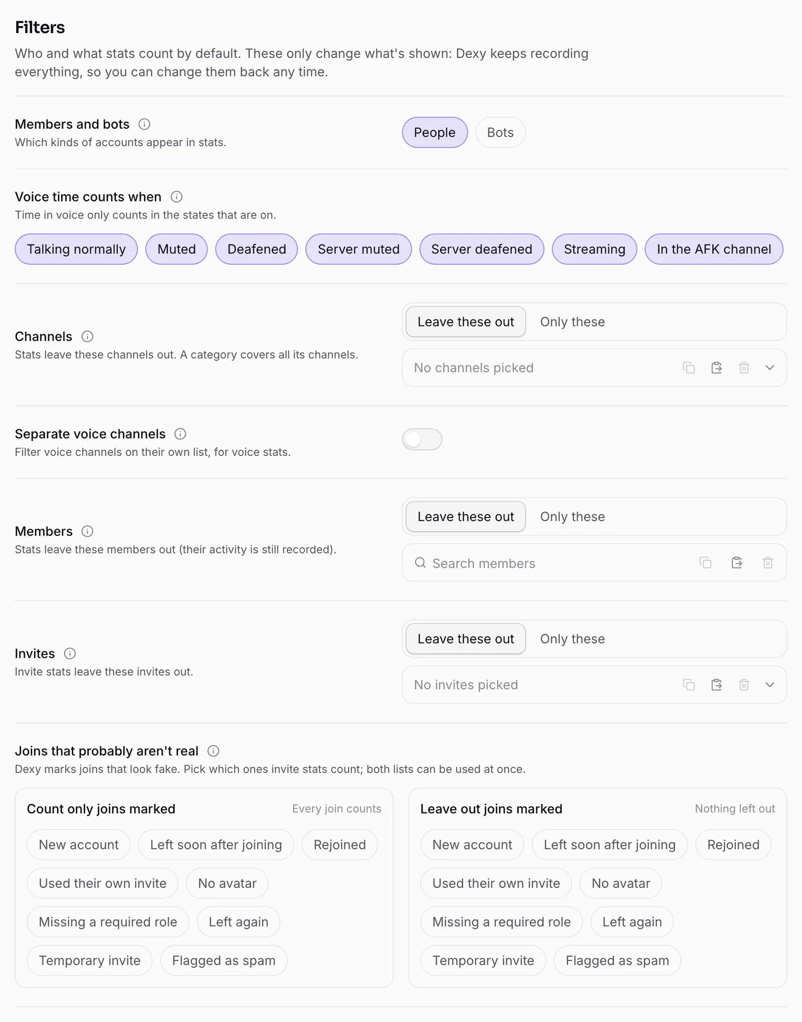 Stats ▸ Settings ▸ Filters: members and bots, channels, voice states, members, invites and fake joins