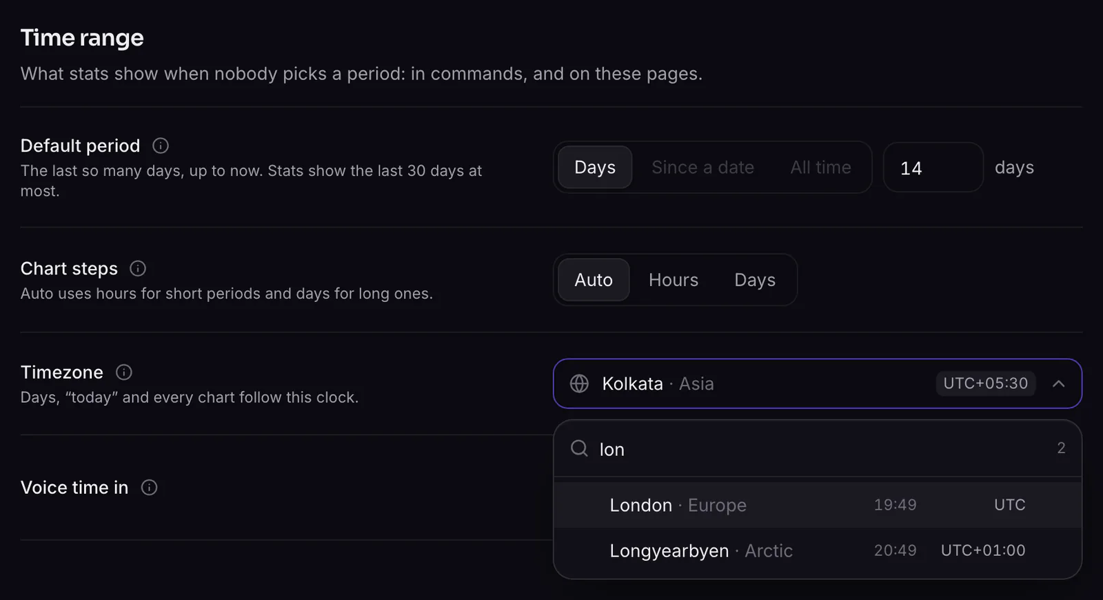 Stats ▸ Settings ▸ Time range, with the timezone picker open
