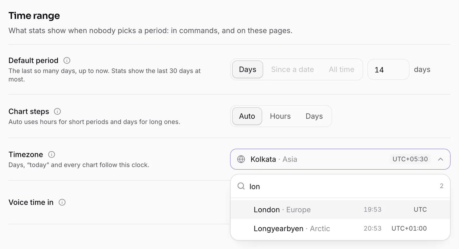 Stats ▸ Settings ▸ Time range, with the timezone picker open