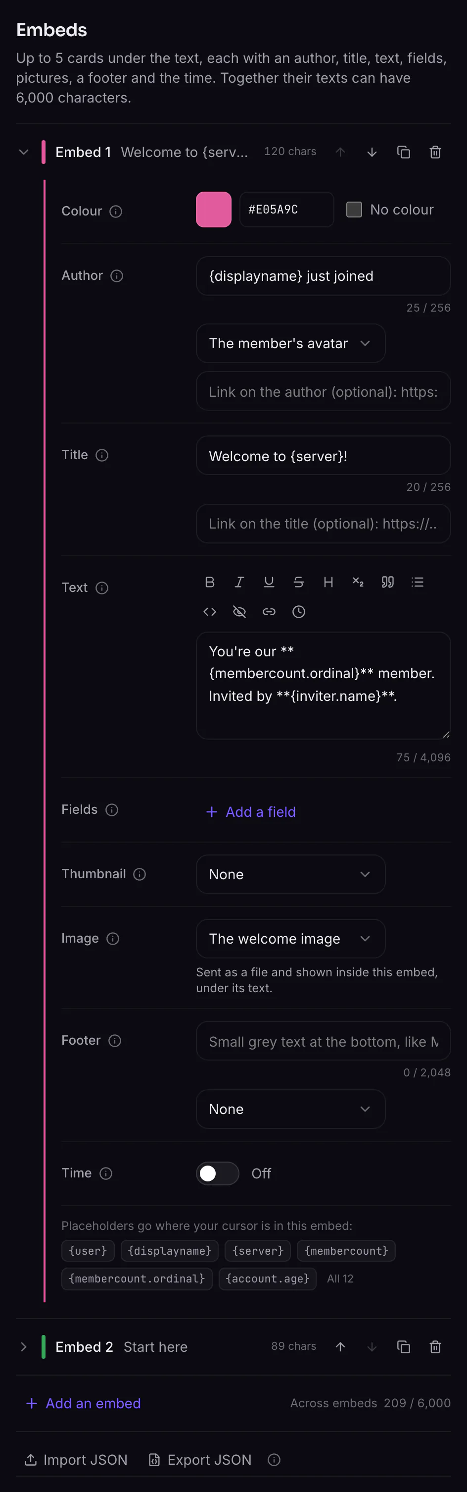 The Embeds list with embed 1 open: colour, author, title, text with formatting buttons, fields, thumbnail, image, footer and time