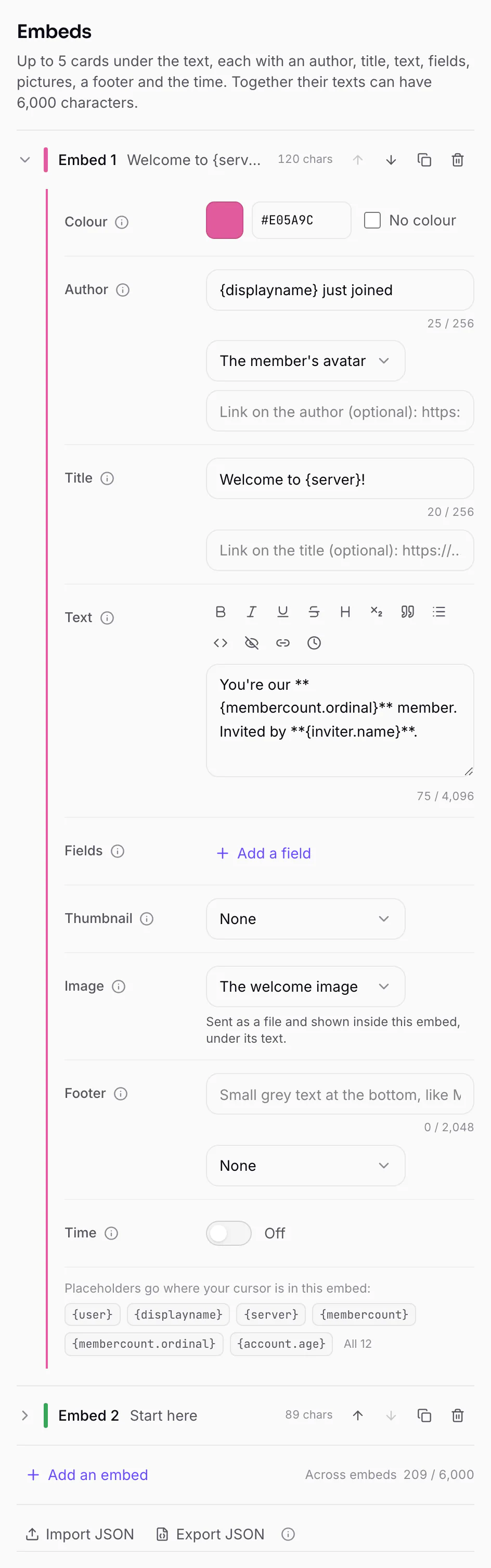 The Embeds list with embed 1 open: colour, author, title, text with formatting buttons, fields, thumbnail, image, footer and time