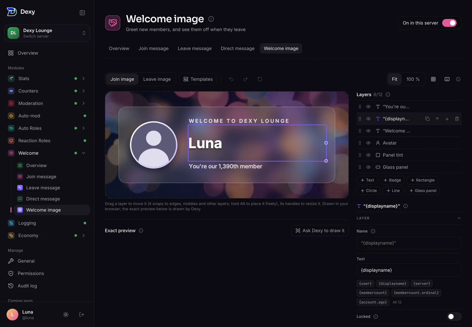 The welcome image editor: the card with the name selected, its layers and properties beside it