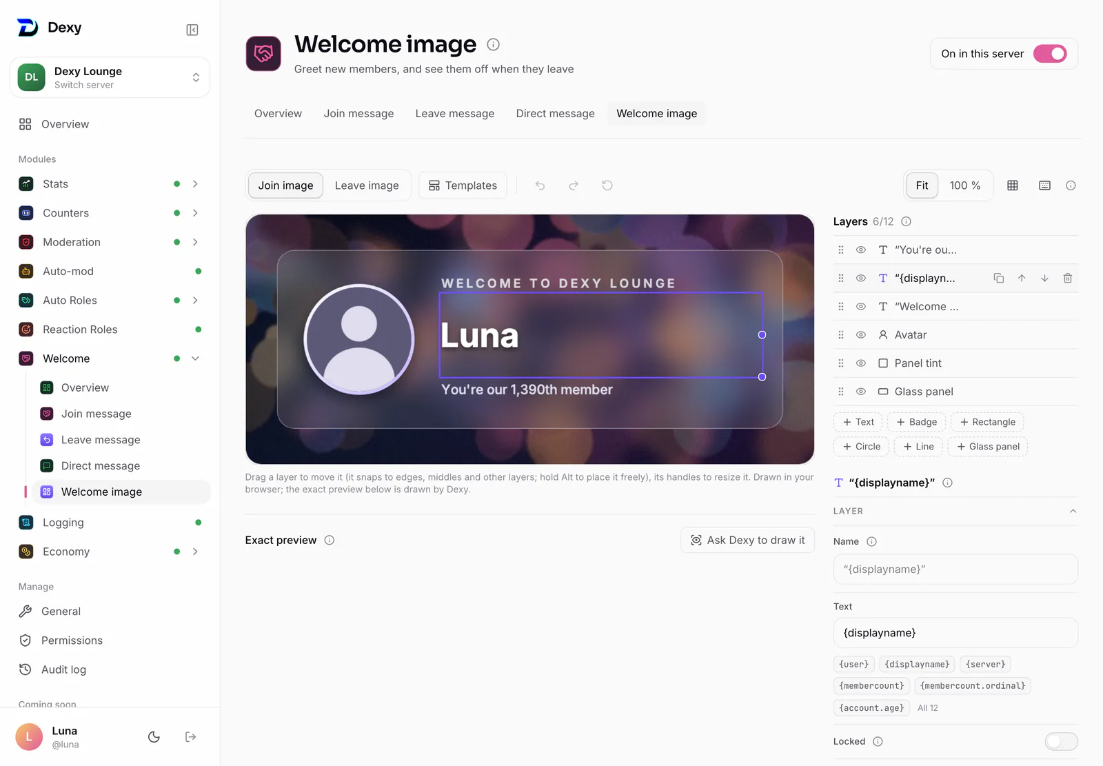 The welcome image editor: the card with the name selected, its layers and properties beside it