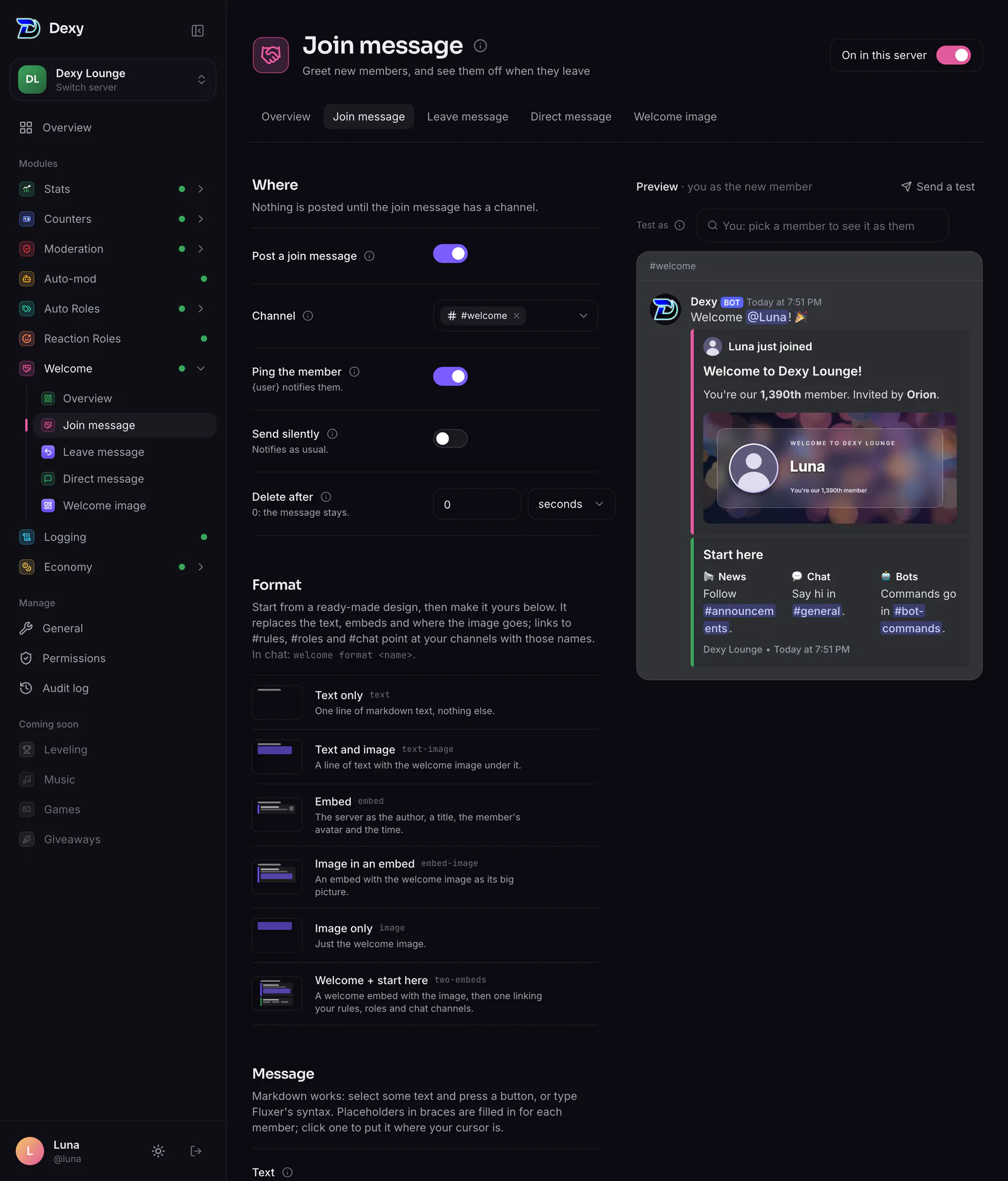 The join message page: where it goes, its text and embed, and a live preview with you as the new member