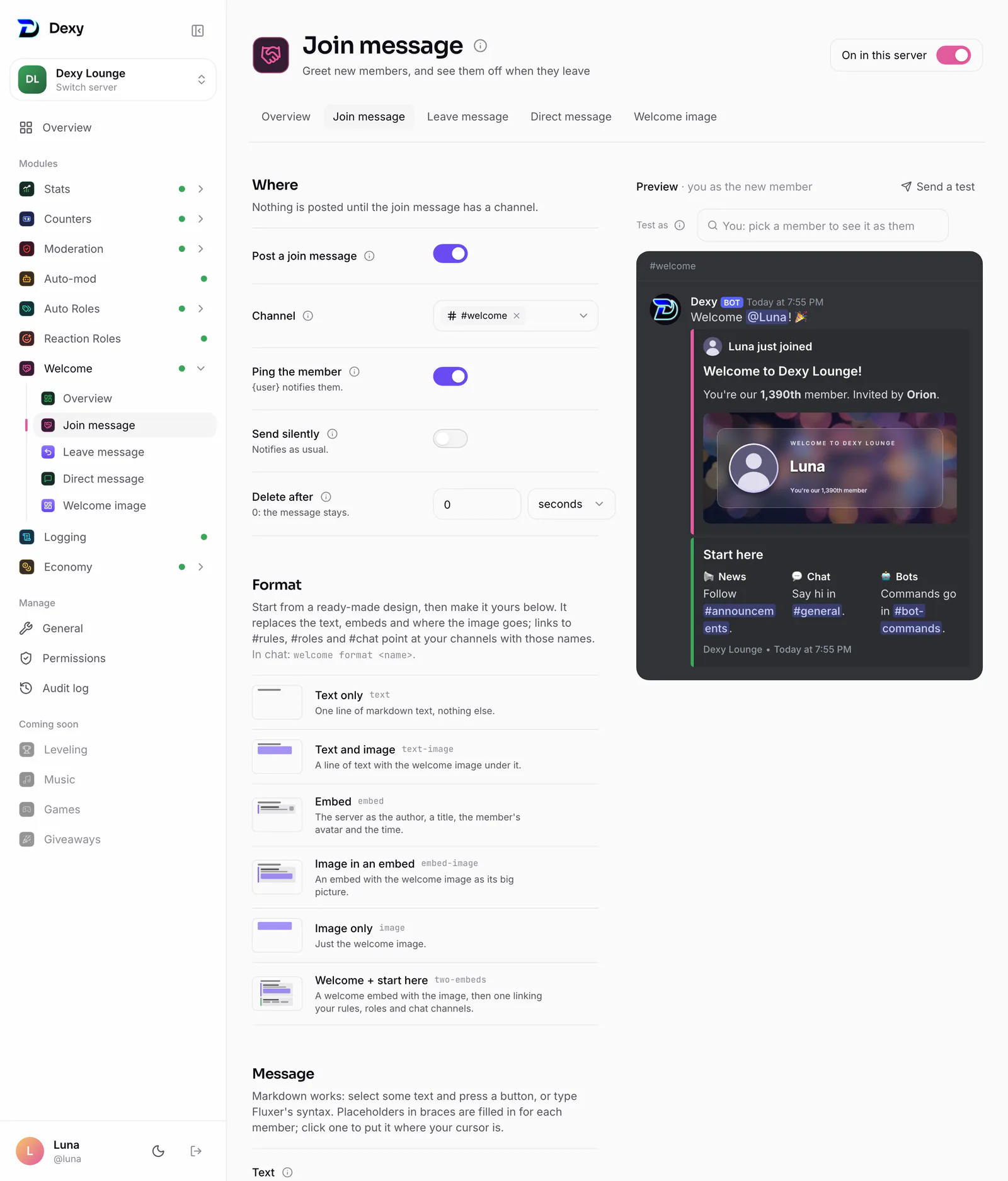 The join message page: where it goes, its text and embed, and a live preview with you as the new member