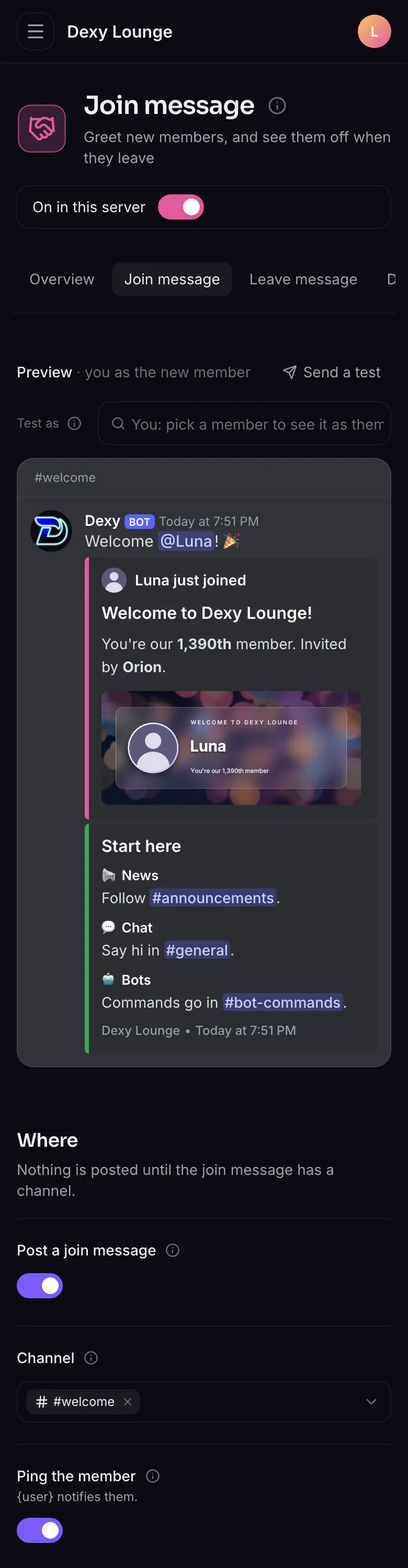 The join message page on a phone: the preview of both embeds on top, then where it goes