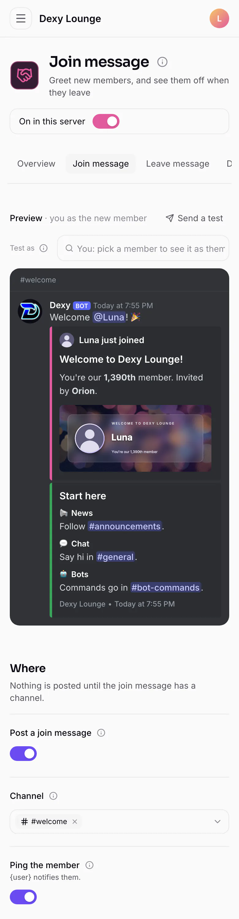 The join message page on a phone: the preview of both embeds on top, then where it goes