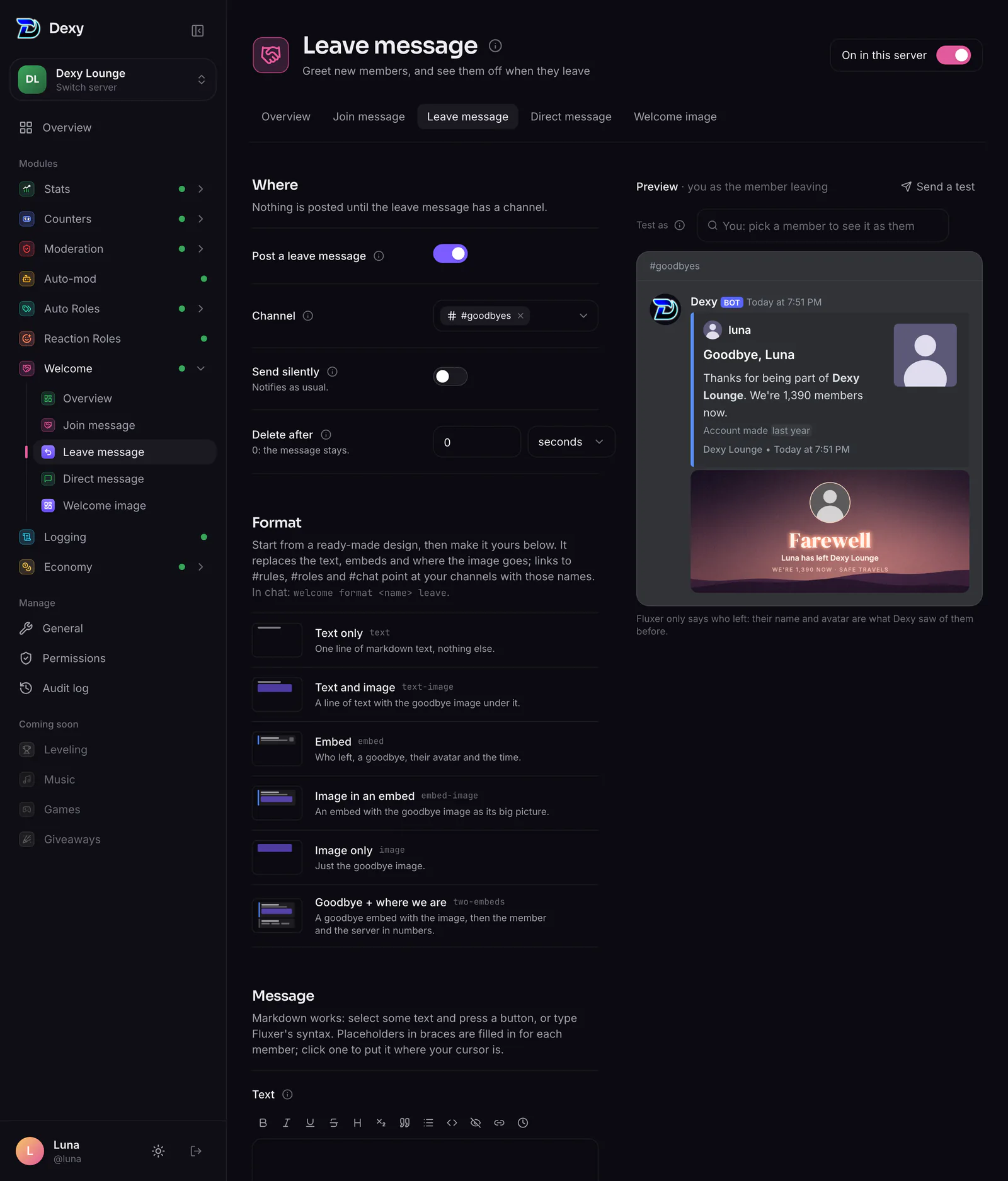The leave message page: its channel, the goodbye formats and a preview of the goodbye embed with its image