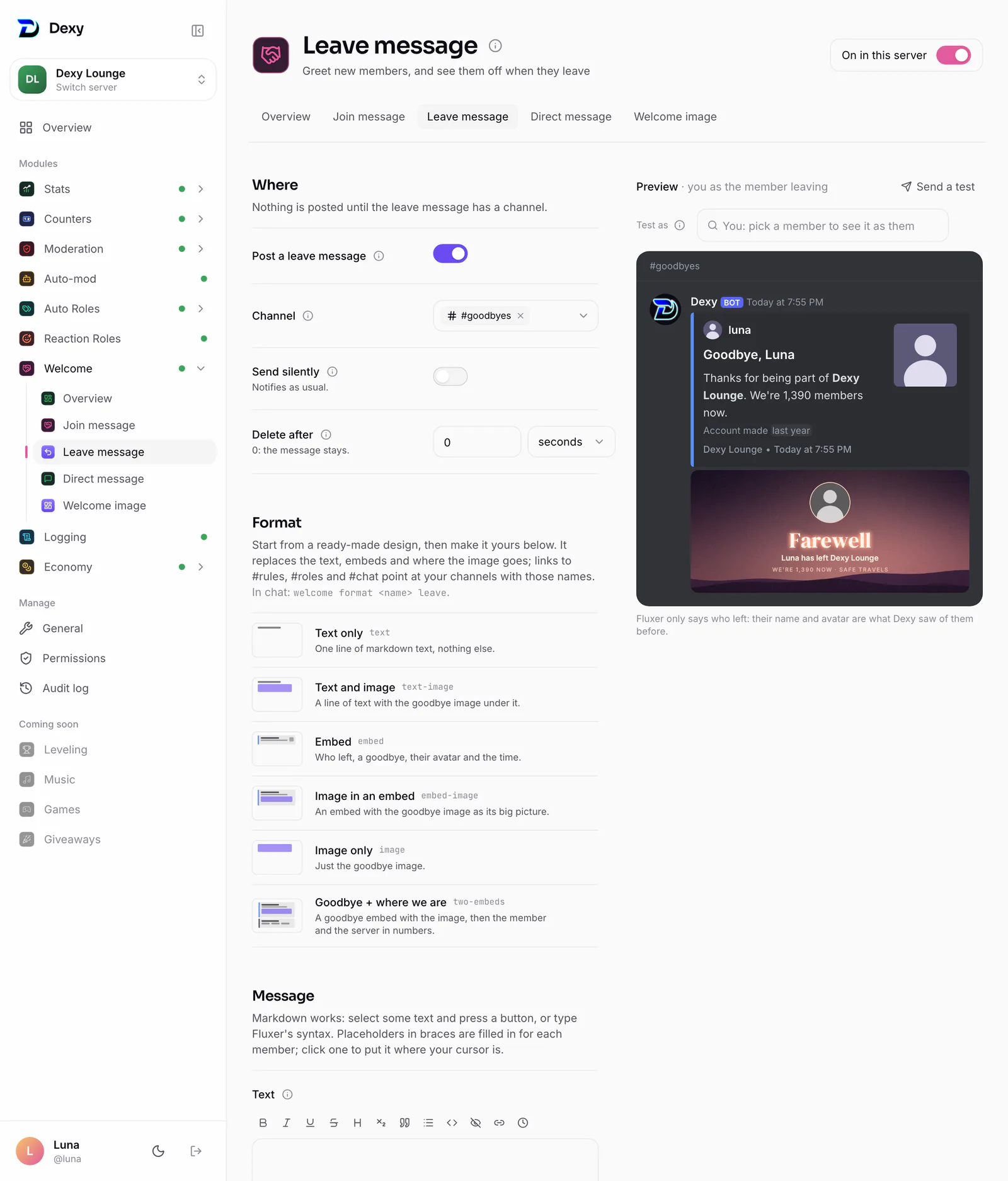 The leave message page: its channel, the goodbye formats and a preview of the goodbye embed with its image
