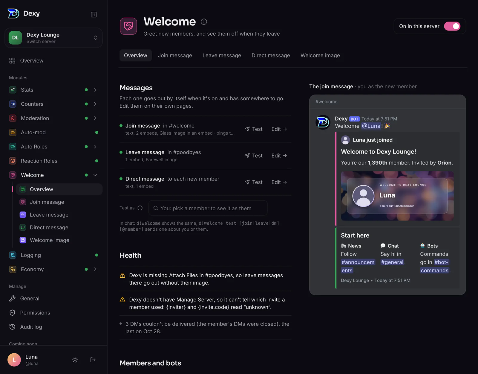 Welcome's Overview: each message's state with a test button, the channels' health and the join message as members see it