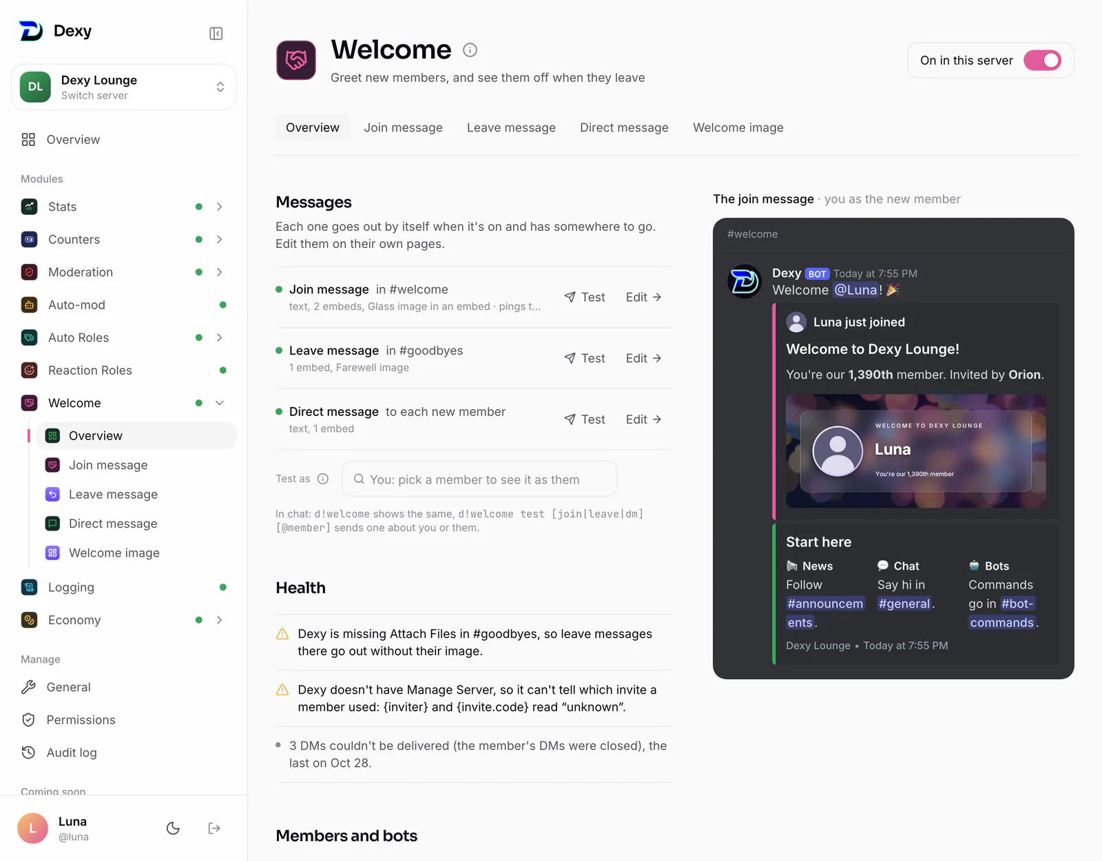 Welcome's Overview: each message's state with a test button, the channels' health and the join message as members see it
